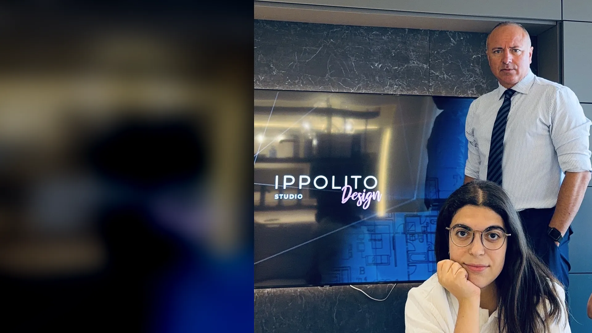 Il titolare e una progettista dello studio davanti al progetto a schermo